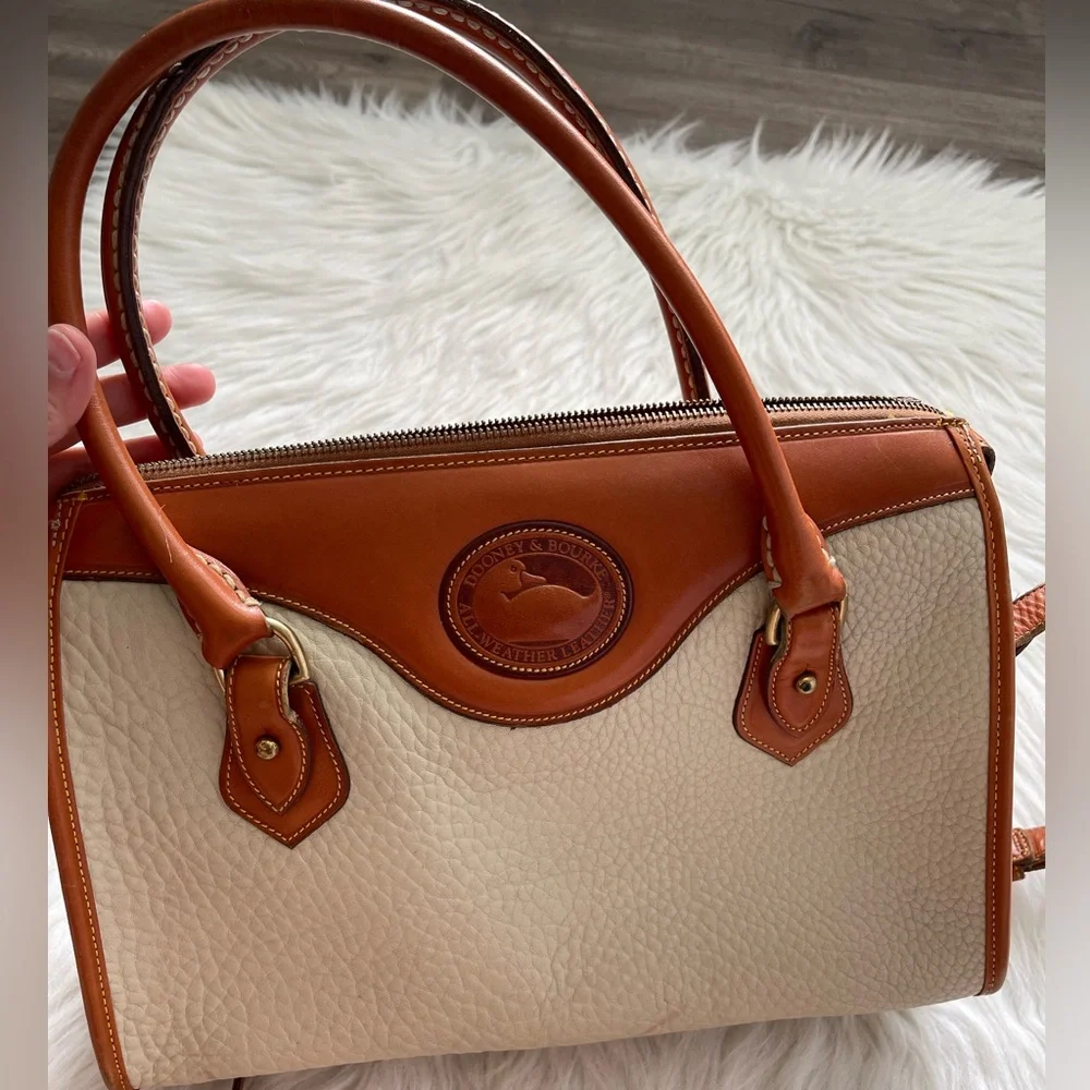 Dooney & Bourke Cream and Tan Pebbled Leather Satchel with Shoulder Strap